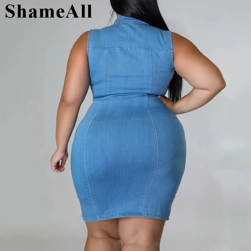 Didelio dydžio atlenkiama apykaklė Super elastinga Jean Bodycon suknelė su 4xl vasaros priekyje su užtrauktuku Pinafore suknelė be rankovių klubinis megztinis sijonas