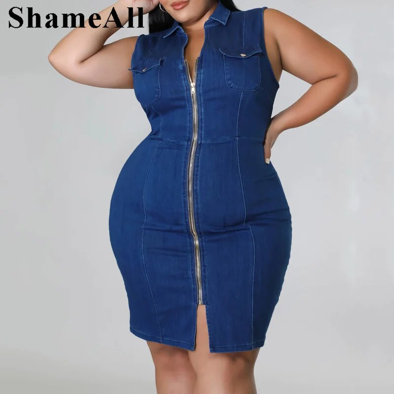 Didelio dydžio atlenkiama apykaklė Super elastinga Jean Bodycon suknelė su 4xl vasaros priekyje su užtrauktuku Pinafore suknelė be rankovių klubinis megztinis sijonas