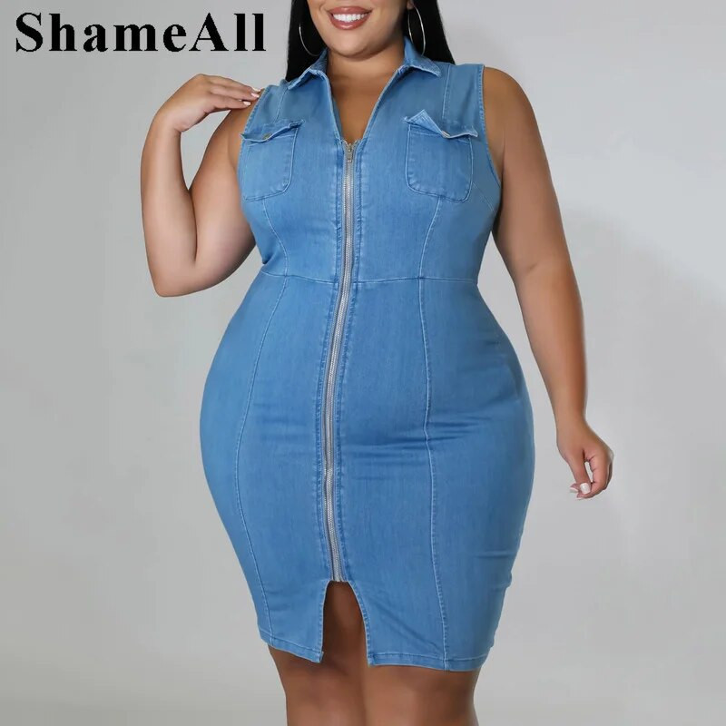 Didelio dydžio atlenkiama apykaklė Super elastinga Jean Bodycon suknelė su 4xl vasaros priekyje su užtrauktuku Pinafore suknelė be rankovių klubinis megztinis sijonas