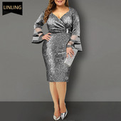 Didelio dydžio suknelė moterims, vakarėlis 2021 m. Midi Elegant tinkliniai nėriniai Kasdieniai mėlyni sidabriniai V formos kaklo senoviniai megzti drabužiai 6xl 7xl 8xl