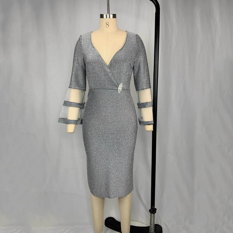 Didelio dydžio suknelė moterims, vakarėlis 2021 m. Midi Elegant tinkliniai nėriniai Kasdieniai mėlyni sidabriniai V formos kaklo senoviniai megzti drabužiai 6xl 7xl 8xl