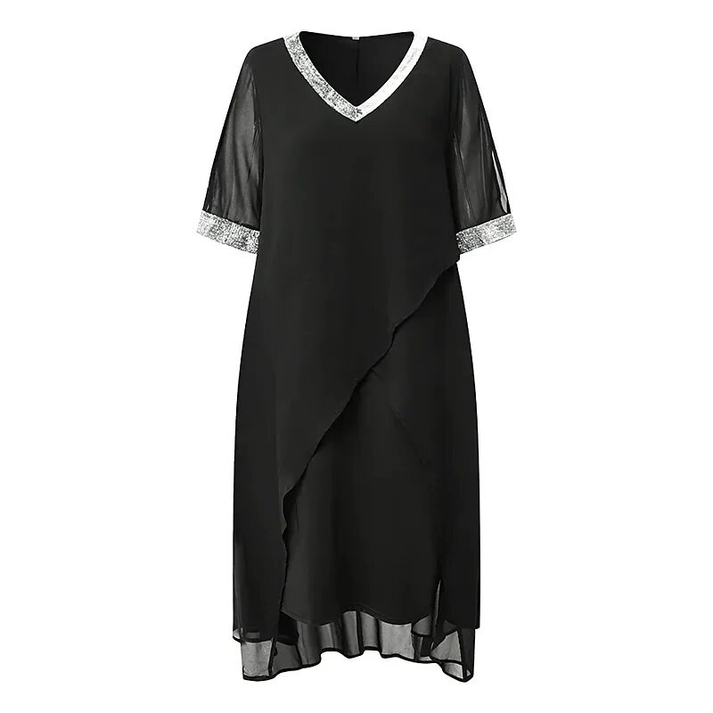Ženska crna elegantna haljina veće veličine od šifona sa šljokicama u obliku V izreza i rukava s prorezima, višeslojna haljina za zabavu Ženske večernje haljine za maturalnu večer