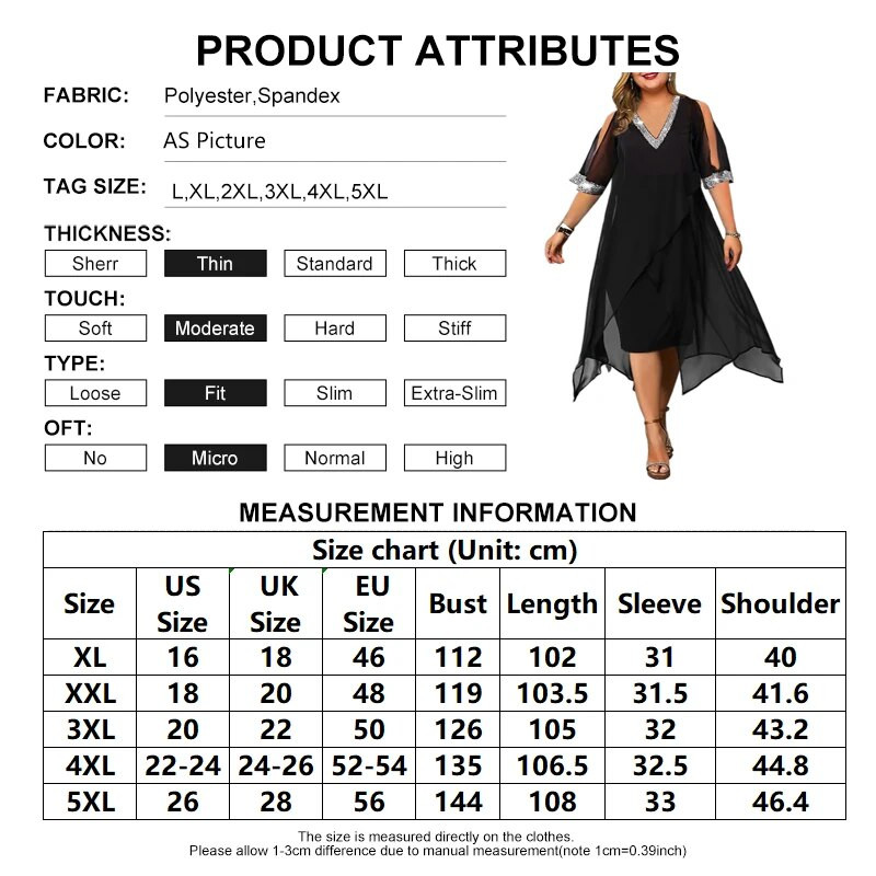 Ženska crna elegantna haljina veće veličine od šifona sa šljokicama u obliku V izreza i rukava s prorezima, višeslojna haljina za zabavu Ženske večernje haljine za maturalnu večer
