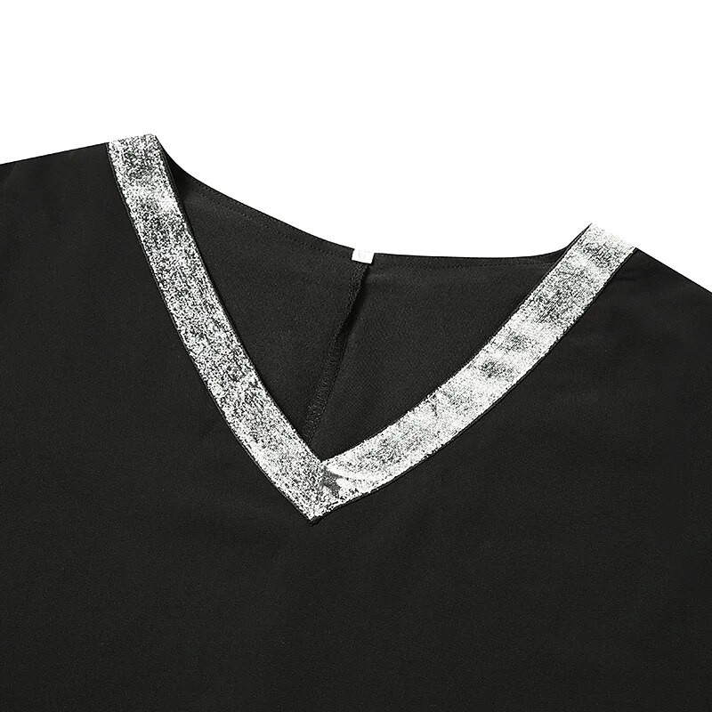 Ženska crna elegantna haljina veće veličine od šifona sa šljokicama u obliku V izreza i rukava s prorezima, višeslojna haljina za zabavu Ženske večernje haljine za maturalnu večer