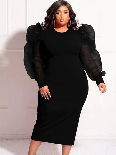 Midi vakarėlių suknelės moterims O kaklo tiulis, ilgas rankoves, Bodycon gimtadienio vakaro renginys, didelio dydžio chalatų komplektai