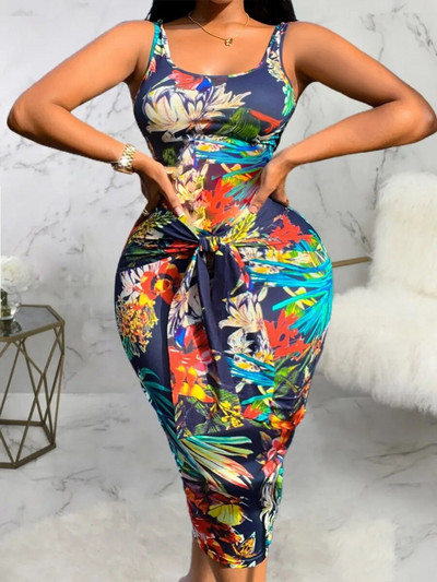 LW Plus-suuruses suvine madala kaelusega kleit Lilleprinteriga Bodycon Cami varrukateta kleit Bodyconi miniklubi kleit
