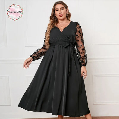 Della Mel Liela izmēra sieviešu apģērbi Sexy V kakla mežģīnes ar garām piedurknēm Maxi kleita Sieviešu Eleganta ikdienas liela izmēra kleitas 3XL 4XL