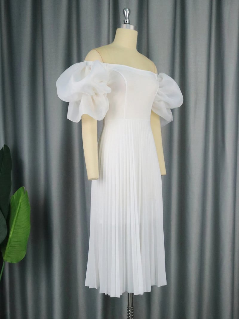 ONTINVA baltos midi suknelės moterims, plius dydis, iš peties, pūstomis rankovėmis, klostuotomis linijomis Vakarinio vakarėlio vestuvinių svečių apranga 4XL