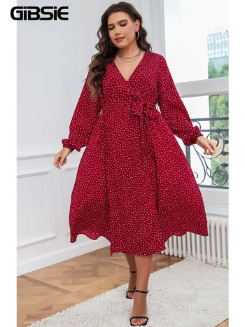 GIBSIE Plus Size Polka Dot Ζώνη Φόρεμα 4xl 3xl Γυναικεία Άνοιξη Καλοκαίρι Boho A-line Split Μακριά φορέματα Holiday Sexy Vestidos