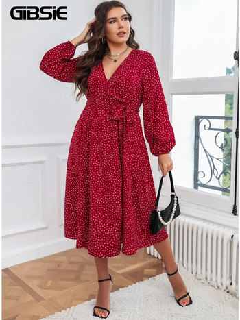 GIBSIE Plus Size Polka Dot Ζώνη Φόρεμα 4xl 3xl Γυναικεία Άνοιξη Καλοκαίρι Boho A-line Split Μακριά φορέματα Holiday Sexy Vestidos