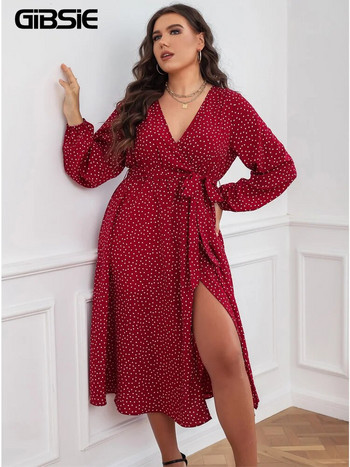 GIBSIE Plus Size Polka Dot Ζώνη Φόρεμα 4xl 3xl Γυναικεία Άνοιξη Καλοκαίρι Boho A-line Split Μακριά φορέματα Holiday Sexy Vestidos