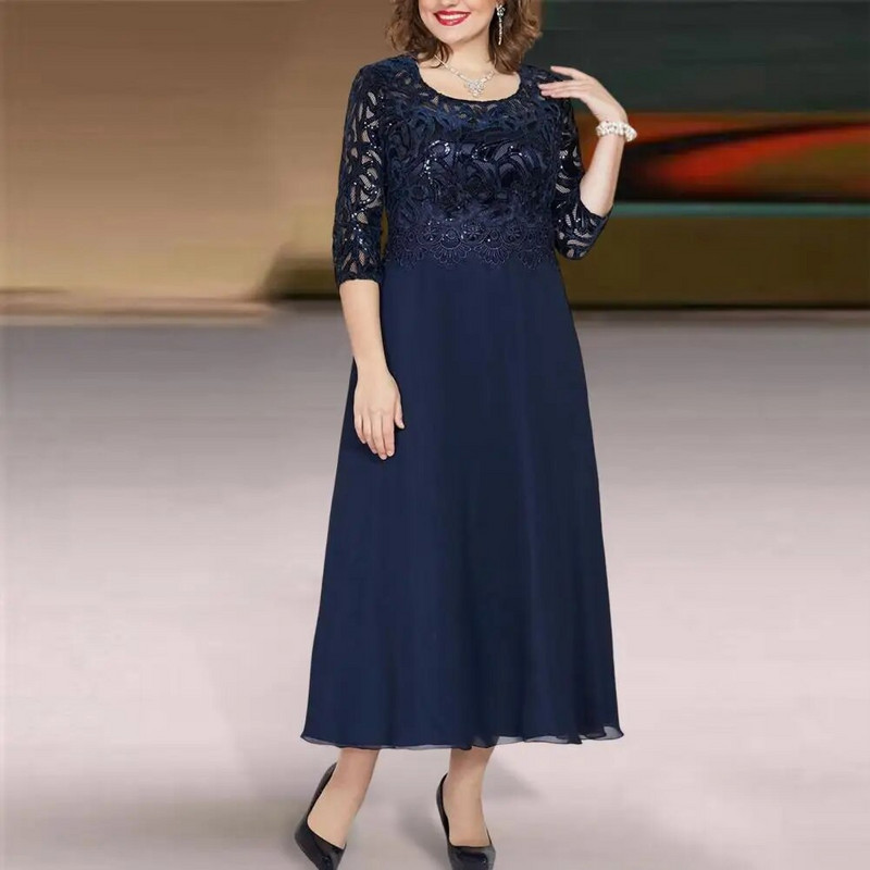 Večernja haljina veće veličine, duga haljina A-kroja visokog struka s vezom od čipke i šifona s lepršavim rubom