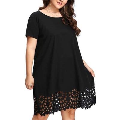 Rochie de damă de dimensiuni plus mari, sexy, dantelă, solidă, cu mânecă scurtă, cu gâtul O, rochie casual, boemă, vacanță la plajă, mini rochie largi de vară