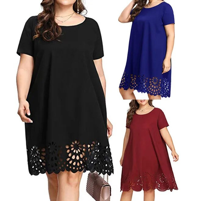 Didelio dydžio moteriška suknelė Seksuali nėriniuota, vientisa trumpomis rankovėmis O formos iškirpte, laisvalaikio suknelė Bohemiška paplūdimio atostogų laisva vasaros mini suknelė