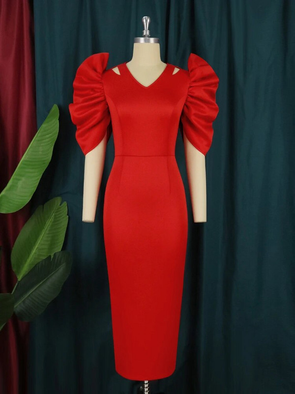 Didelio dydžio 4XL raudonos vakarėlio suknelės moteriškos klostuotos trumpomis rankovėmis Midi stilingos aukštu juosmeniu afrikietiškas vakaro renginys, moteriški chalatai