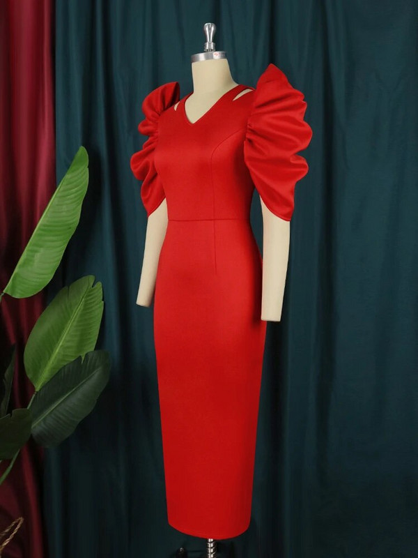 Didelio dydžio 4XL raudonos vakarėlio suknelės moteriškos klostuotos trumpomis rankovėmis Midi stilingos aukštu juosmeniu afrikietiškas vakaro renginys, moteriški chalatai