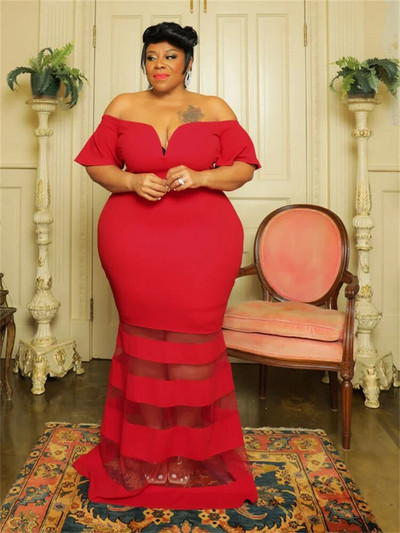 „Wmstar“ didelio dydžio suknelės moterims vakarėliams, tinklinio tinklinio audinio trumpomis rankovėmis nuo pečių Naujos „Maxi“ suknelės didmeninė prekyba