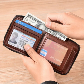 Портфейл от кожа за мъже, цип, държач за RFID карта Портмоне, портмоне, луксозни дизайнерски мъжки портфейли, мъжки къс картодържател
