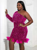 Didelio dydžio vakarėlio suknelės su blizgučiais, ilgomis rankovėmis, aksominė trumpa aptempta suknelė su tiuline raukinu blizgučiais vakarinio vakarėlio klube