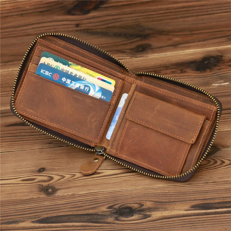 Novčanik s patentnim zatvaračem od kože za muškarce, kratka torbica za novac, držač kreditne kartice, džep za novčiće, veliki, čvrsti, standardni muški novčanici