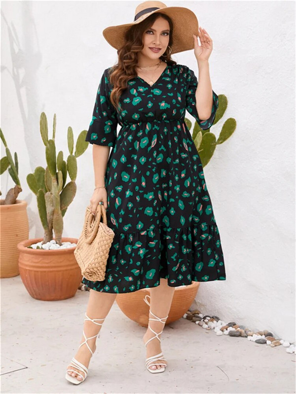 Didelio dydžio vasarinė medvilninė moteriška suknelė su aukštu juosmeniu 2023 m. Nauja, laisvalaikio raukšlėta moteriška moteriška suknelė Žalia vidutinio dydžio moteriška suknelė