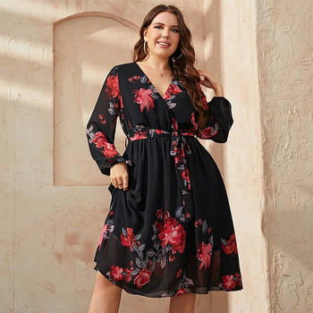 Della Mel Plus μέγεθος Floral Print V λαιμόκοψη μίντι φόρεμα με ζώνη Γυναικεία casual ρούχα Μαύρα μακρυμάνικα πάρτι Κομψά Vintage φορέματα