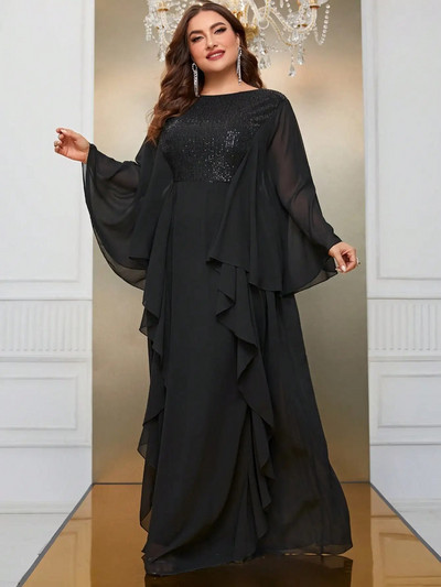 Okrugla ženska večernja haljina od šifona sa šljokicama i dugih rukava velike veličine velike veličine, duga večernja haljina od šifona sa šljokicama 5XL 6XL