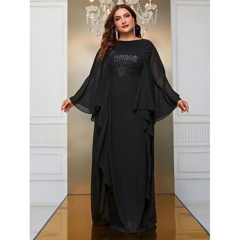 Okrugla ženska večernja haljina od šifona sa šljokicama i dugih rukava velike veličine velike veličine, duga večernja haljina od šifona sa šljokicama 5XL 6XL