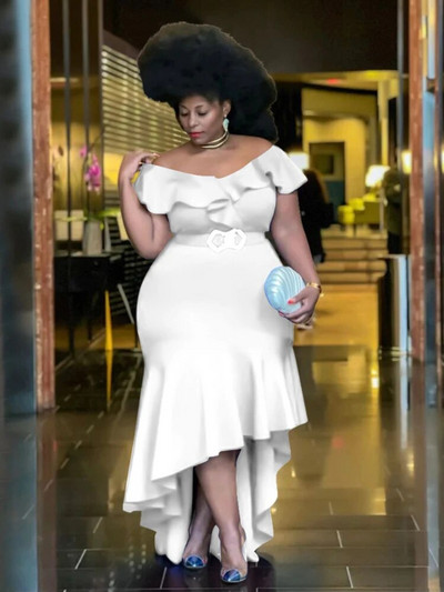 Külmade õlgade volangidega kleit, suures suuruses trimmiga Empire`i pakett, puusa, ebaregulaarne, elegantne naiste õhtused sünnipäevarõivad