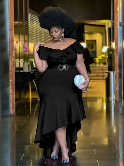 Külmade õlgade volangidega kleit, suures suuruses trimmiga Empire`i pakett, puusa, ebaregulaarne, elegantne naiste õhtused sünnipäevarõivad