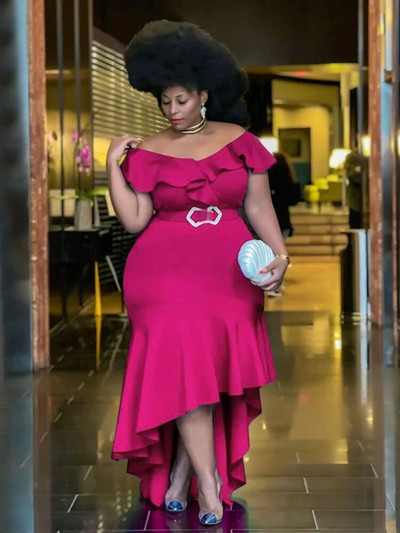 Külmade õlgade volangidega kleit, suures suuruses trimmiga Empire`i pakett, puusa, ebaregulaarne, elegantne naiste õhtused sünnipäevarõivad