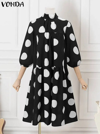 Плюс размер 5XL VONDA Bohemian Dot Point Printed Dress 2023 Дамска ежедневна миди рокля с 3/4 ръкави, стояща яка, превръзка, дълга роба