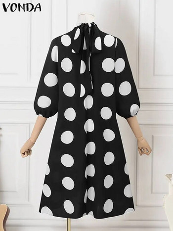 Плюс размер 5XL VONDA Bohemian Dot Point Printed Dress 2023 Дамска ежедневна миди рокля с 3/4 ръкави, стояща яка, превръзка, дълга роба