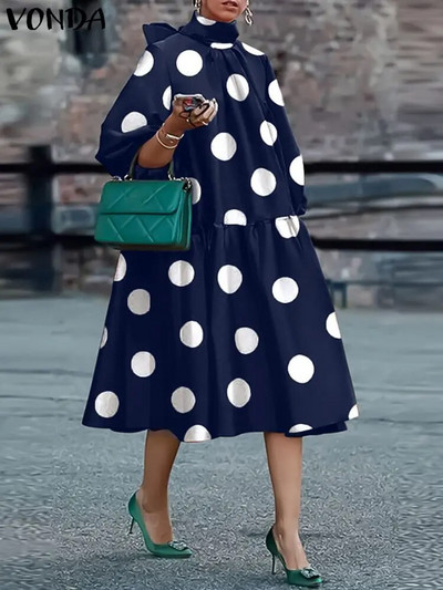 Suures suuruses 5XL VONDA Bohemian Dot Point trükitud kleit 2023 naiste vabaaja Midi päikesekleit 3/4 varrukatega krae sidemega pikk rüü