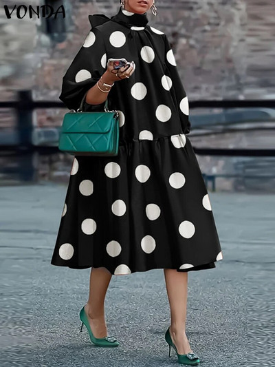 Suures suuruses 5XL VONDA Bohemian Dot Point trükitud kleit 2023 naiste vabaaja Midi päikesekleit 3/4 varrukatega krae sidemega pikk rüü