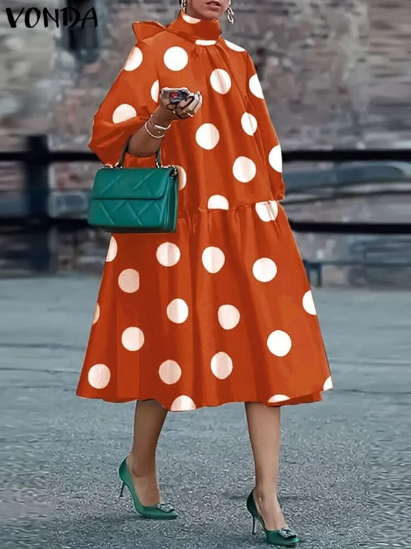 Suures suuruses 5XL VONDA Bohemian Dot Point trükitud kleit 2023 naiste vabaaja Midi päikesekleit 3/4 varrukatega krae sidemega pikk rüü