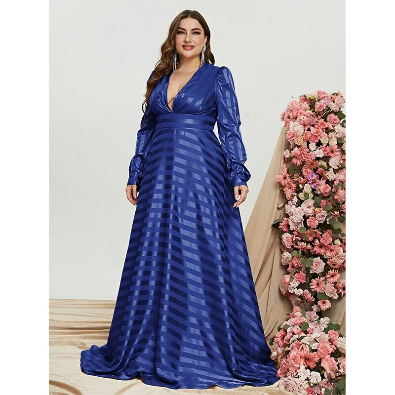 Satenska satenska večernja haljina s ekstra dugim rukavima plus veličine 4XL5XL Luksuzne večernje haljine za maturalnu zabavu velike veličine, ženske prugaste haljine boje marelice
