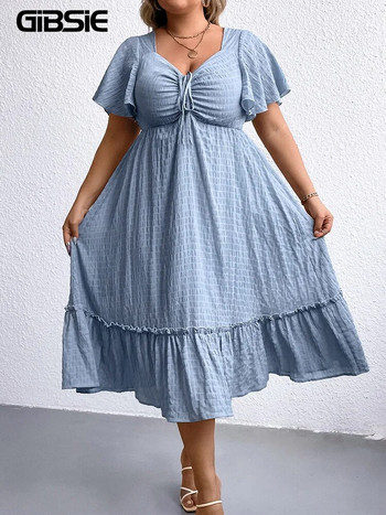 GIBSIE Plus Size Sweetheart Λαιμόκοψη Μπροστινό Γυναικείο Φόρεμα με μανίκια πεταλούδας Καλοκαίρι 2023 Γλυκά vintage μακριά φορέματα με ψηλόμεσο κούνια