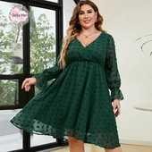 Della Mel Plus Size Γυναικεία Ρούχα V λαιμόκοψη Casual Party Σέξι Swiss Dot Lace Puff μανίκια Γυναικεία Φορέματα Μεγάλων Μεγεθών 3XL 4XL