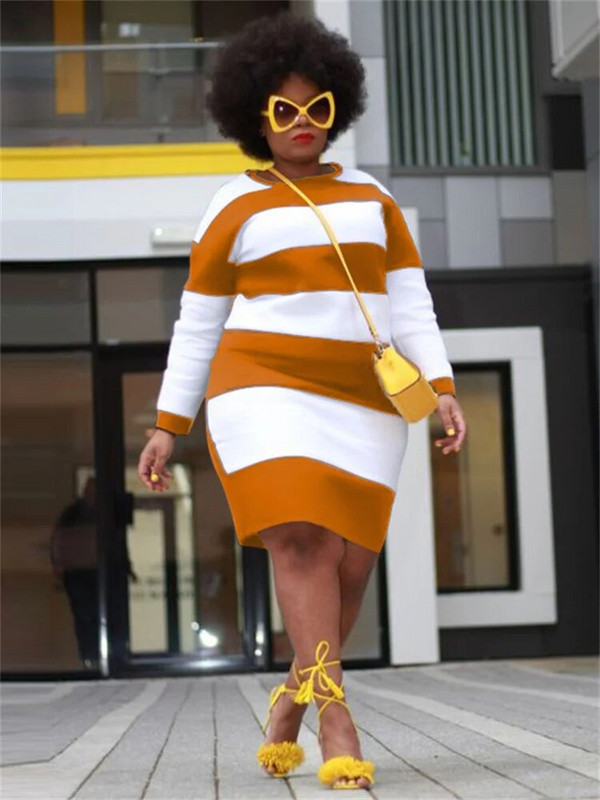 „Wmstar“ plius dydžio moteriška suknelė su kaklu, dryžuota džemperinė suknelė rudeninėmis ilgomis rankovėmis, mažo dydžio „bodycon“ suknelės Didmeninė prekyba