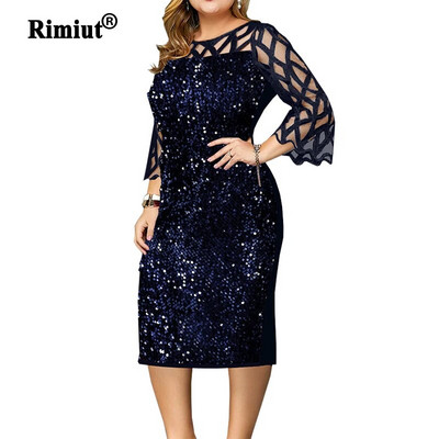 Didelio dydžio S-5XL Madingi moteriški blizgučiai rudeninės suknelės nėriniuotomis rankovėmis Blizganti moteriška laisvalaikio madinga suknelė Seksuali mamos drabužiai ant kaklo