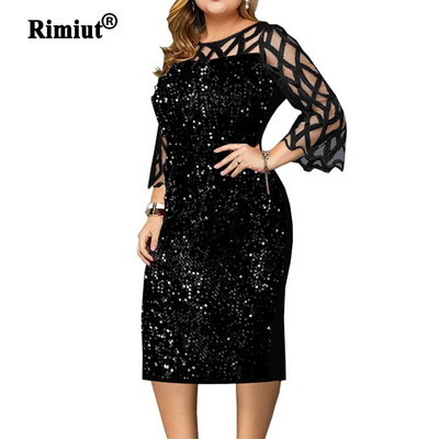 Didelio dydžio S-5XL Madingi moteriški blizgučiai rudeninės suknelės nėriniuotomis rankovėmis Blizganti moteriška laisvalaikio madinga suknelė Seksuali mamos drabužiai ant kaklo