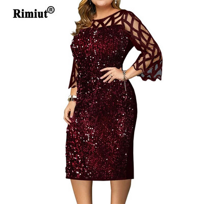 Didelio dydžio S-5XL Madingi moteriški blizgučiai rudeninės suknelės nėriniuotomis rankovėmis Blizganti moteriška laisvalaikio madinga suknelė Seksuali mamos drabužiai ant kaklo