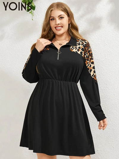 YOINS Ženska haljina velikih veličina, jesen 2023., leopard print, patentni zatvarač sprijeda Vestidos Vestidos haljina A-kroja, haljine s preklopnim ovratnikom 4XL
