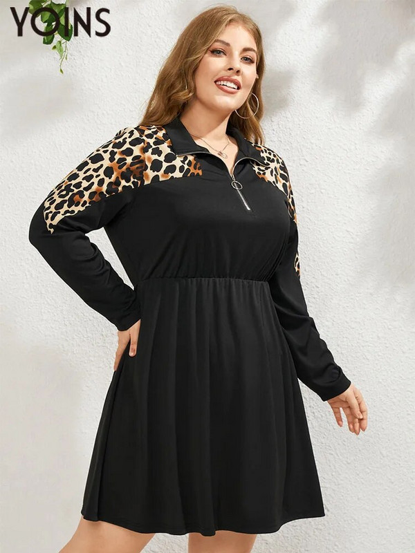 YOINS Ženska haljina velikih veličina, jesen 2023., leopard print, patentni zatvarač sprijeda Vestidos Vestidos haljina A-kroja, haljine s preklopnim ovratnikom 4XL