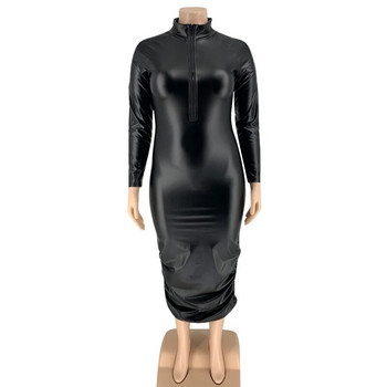 Γυναικεία φορέματα PU Leather Plus Size 5XL με φερμουάρ Ολόσωμο μανίκι Stretch Offie Lady Elegant Black Maxi Φόρεμα Χονδρική Dropshipping