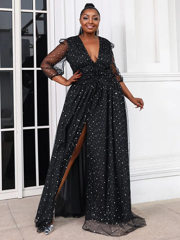 Missord Ženska točkasta haljina velike veličine, ljetna haljina s V izrezom, dugim rukavima i bedrima, a-kroja, haljine za zabavu na plaži, crna balska haljina