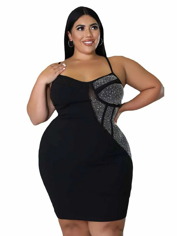 Moteriška suknelė be nugarų, spagečių juostelė Seksuali trumpa suknelė, juodi deimantai, didesnio dydžio suknelės Didmeninė prekyba masinėmis siuntomis