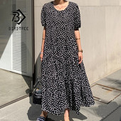 Καλοκαιρινά γυναικεία φόρεμα μάξι κορεατικά με στάμπα με κουκκίδες ακανόνιστο O λαιμό κοντό μανίκι σε γραμμή Α Φαρδύ βολάν φόρεμα Lady D17901X