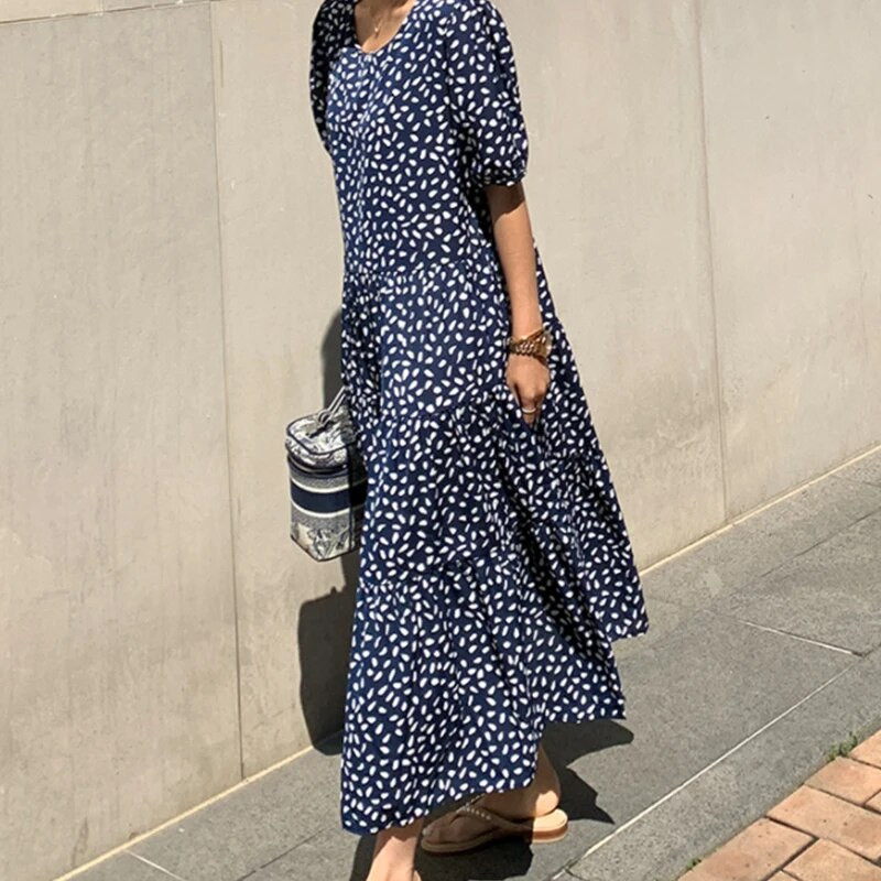 Καλοκαιρινά γυναικεία φόρεμα μάξι κορεατικά με στάμπα με κουκκίδες ακανόνιστο O λαιμό κοντό μανίκι σε γραμμή Α Φαρδύ βολάν φόρεμα Lady D17901X